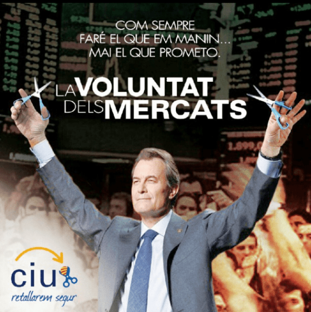 La voluntad de los mercados, Artur Mas, candidato de CiU | Pegatina que se encontraba en las calles de Barcelona durante los días previos a las elecciones del 25 de noviembre de 2012 para la Generalitat de Catalunya