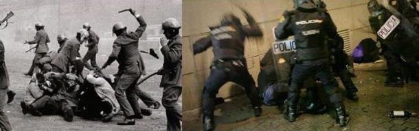 (des)Memoria de cuatro décadas de neón con fondo de lodo y podredumbre. Izquierda: foto de Manel Armengol; manifestación del 1 de febrero de 1976 en Barcelona, convocatoria por la libertad, la amnistía y el estatuto de autonomía. Derecha: foto difundida por el periodista Jaime Alekos en twitter; manifestación del 26 de marzo de 2015 en Madrid, convocatoria contra la aprobación de la Ley Mordaza. (des)Memoria de cuatro décadas de neón con fondo de lodo y podredumbre. Izquierda: foto de Manel Armengol; manifestación del 1 de febrero de 1976 en Barcelona, convocatoria por la libertad, la amnistía y el estatuto de autonomía. Derecha: foto difundida por el periodista Jaime Alekos en twitter; manifestación del 26 de marzo de 2015 en Madrid, convocatoria contra la aprobación de la Ley Mordaza.